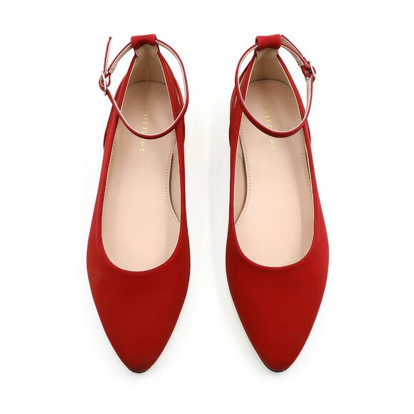 LURNYET Women's RED NUBUCK Casual Ankle Strap Pointed Toe Ballet Flats Shoes - Picture 5 of 6
